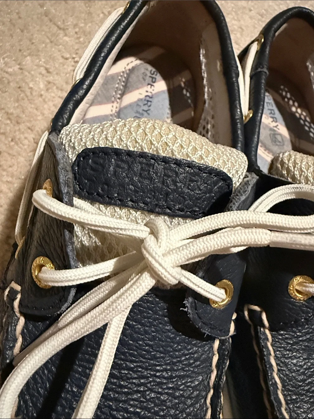Sperry Navy and White Women's Mesh Boat Sneakers with Gold Eyelets